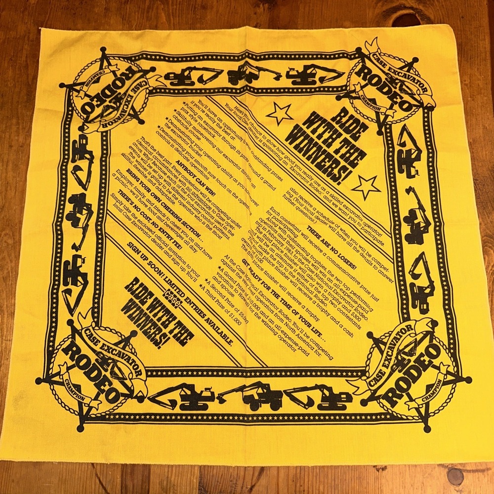 Case Excavator Rodeo Champion Handkerchief Vintage Yellow